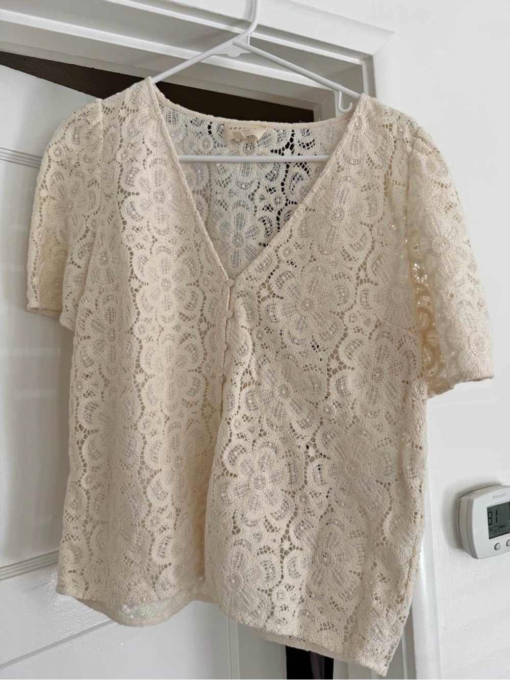Sezane Cream Floral Lace V-Neck Short Sleeve Top